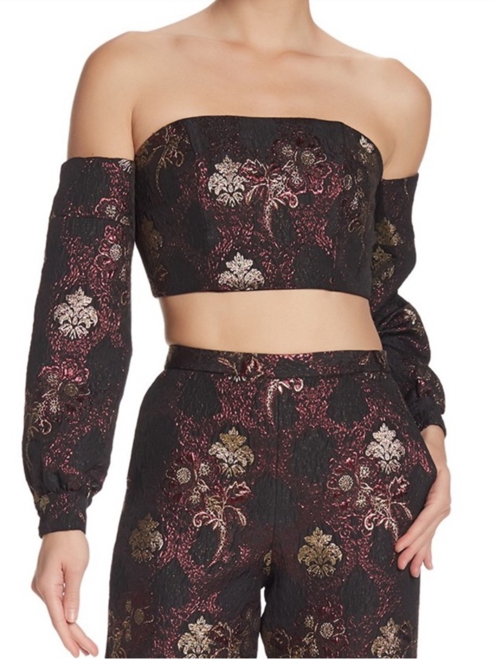 LPA Off-Shoulder  Crop Top in Black with Metallic Floral